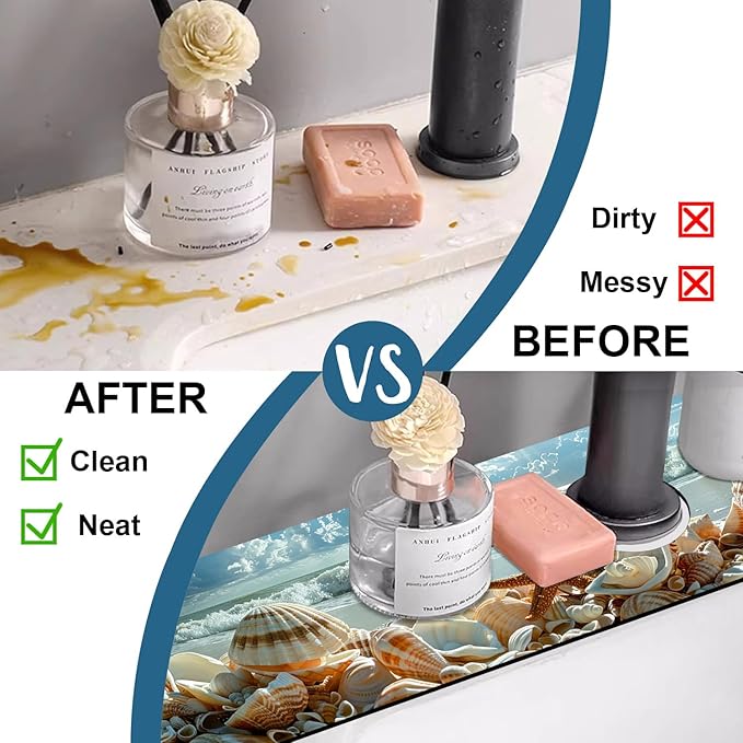 Beach Sink Splash Guard Shells Starfish Waves Faucet Absorbing Mat Fast Drying Mat Sink Gadgets Splash Guard Behind Faucet Drip Catcher for Kitchen Bathroom, 23.5"x5.5"