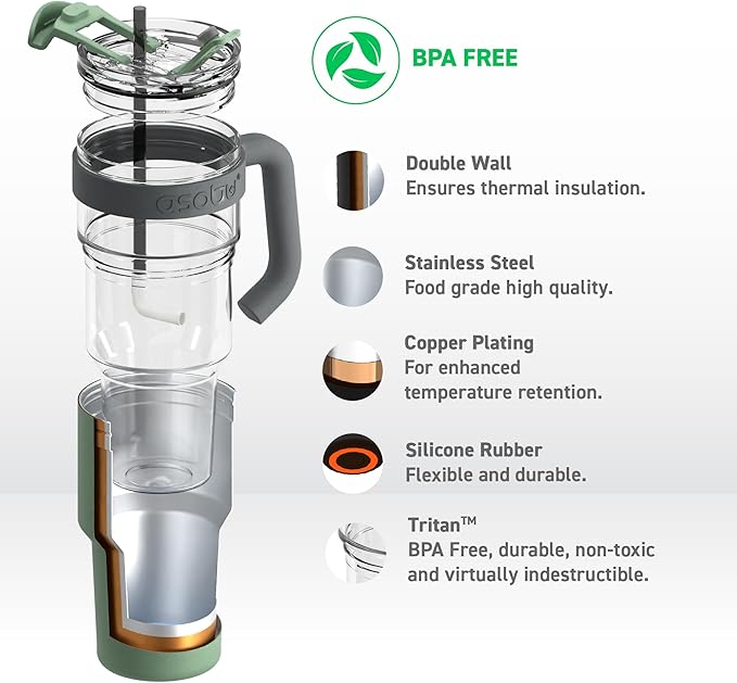 asobu Extra Large Travel Explorer Tumbler for Hot and Cold with Stainless Steel Removable Coffee Mug Sleeve - Straw and Flip Open Sip Spout, 34 oz / 25 oz (Basil Green)