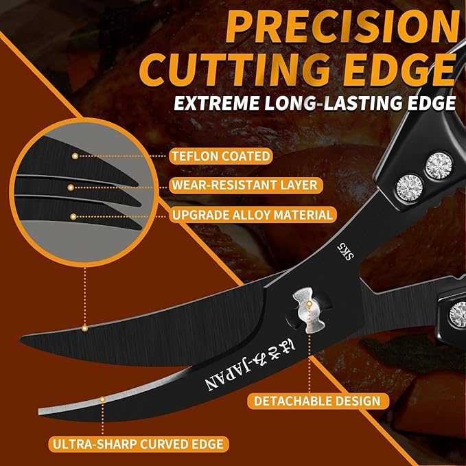 Huusk Seafood Scissors Black - Stainless Steel Kitchen Shears Dishwasher Safe, Sharp Japanese-Style Kitchen Scissor for Crab, Shrimp, Lobster, Herbs and Food Prep, Christmas Gifts for Men Women