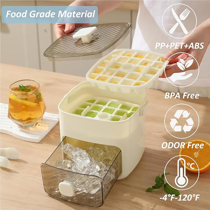 48 Cube Ice Maker With Easy Press Lid, Double Layer Portable Ice Maker with Lid and Storage Box for Freezer, Handled Press-Type Ice Cube Tray with Lid and Bin for Whiskey, Cocktail, Beer (Blue)