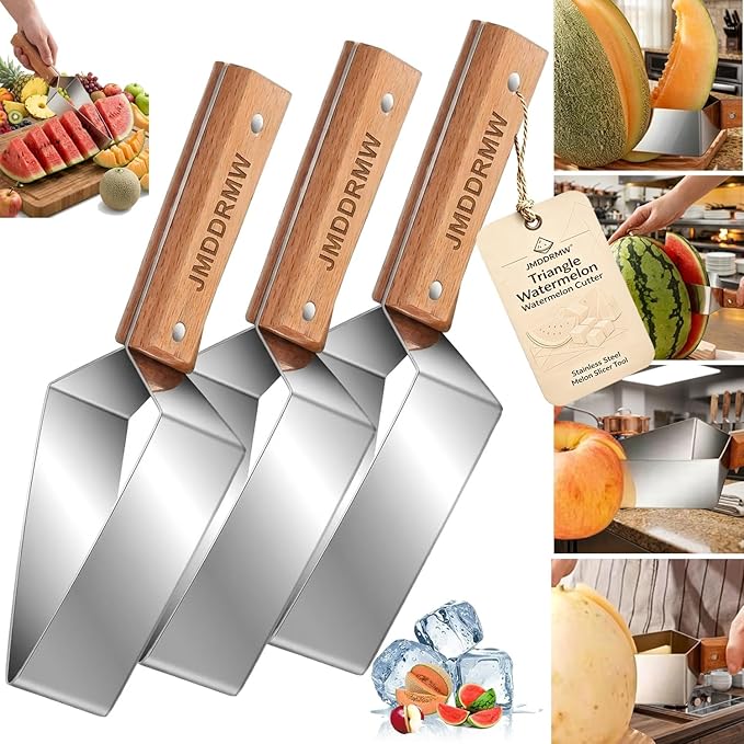Triangle Watermelon Cutter Large Stainless Steel Melon Slicer Tool Ergonomic Wooden Handle Multifunction Function Summer Divider Wheel Handheld Cutting Fruit Kitchen Gadget Camping Picnic(3pcs)