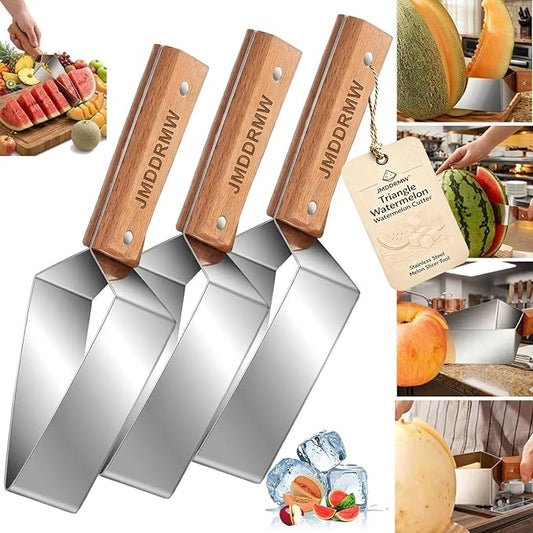 Triangle Watermelon Cutter Large Stainless Steel Melon Slicer Tool Ergonomic Wooden Handle Multifunction Function Summer Divider Wheel Handheld Cutting Fruit Kitchen Gadget Camping Picnic(3pcs)