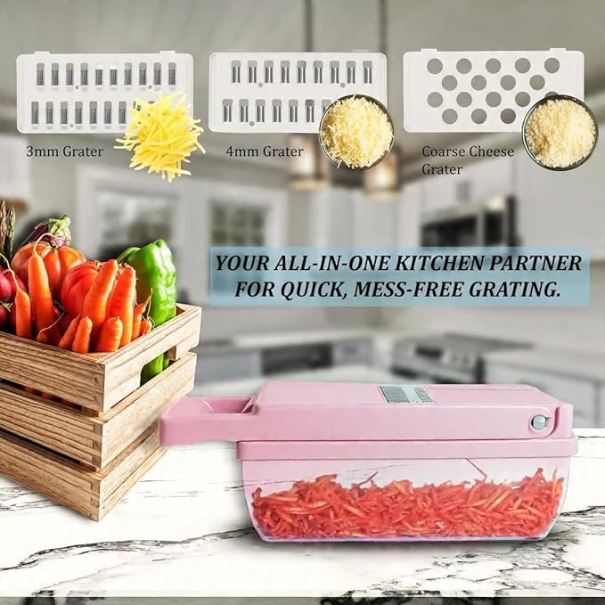 Kalmat Dynamics Food Chopper and Vegetable Slicer, 16-in-1 Multi-Function Kitchen Chopper with 7 Blades and Container, Free Black Cooking Apron (Pink+White)