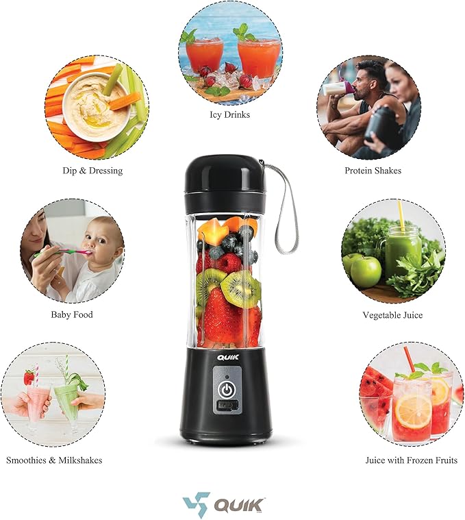 Portable Blender - Cordless 13oz. Personal Blender for Shakes and Smoothies, Licuadora, BPA Free, USB-C Rechargeable, Mini juicer for Travel, Leakproof, Juicer Cup, Ice Crush (Black)