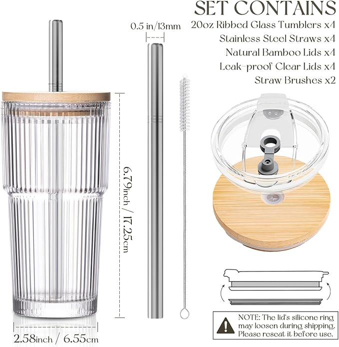 KEMORELA 20oz Ribbed Glass Tumblers with Bamboo & 2 in 1 Leak-proof Lids, Extra-Wide 13mm Reusable Stainless Steel Straws, 4Pcs Vintage Drinking Glasses for Boba, Iced Coffee,Smoothies,Travel Cups