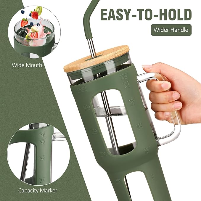 WINSA Glass Tumbler with Lid and Straw, 46 oz Iced Coffee Cup with Handle, Large Water Bottles with Silicone Sleeve, Glass Cup with Straws - Pearl Straw & Drinking Straw BPA Free-Olive