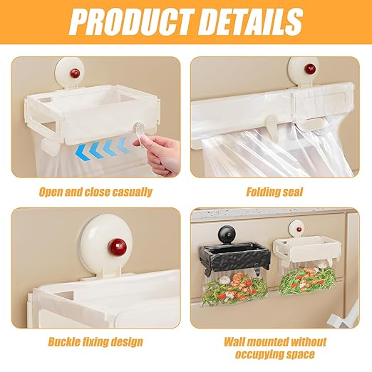 Folding Trash Bag Holder, Removable Suction Cup Kitchen Trash Can Hanging Rack, Collapsible Garbage Bag Holder, Wall Mount Space Saving Towel Hanger for Kitchen/Bathroom/RV/Cabinets/Dorm Room