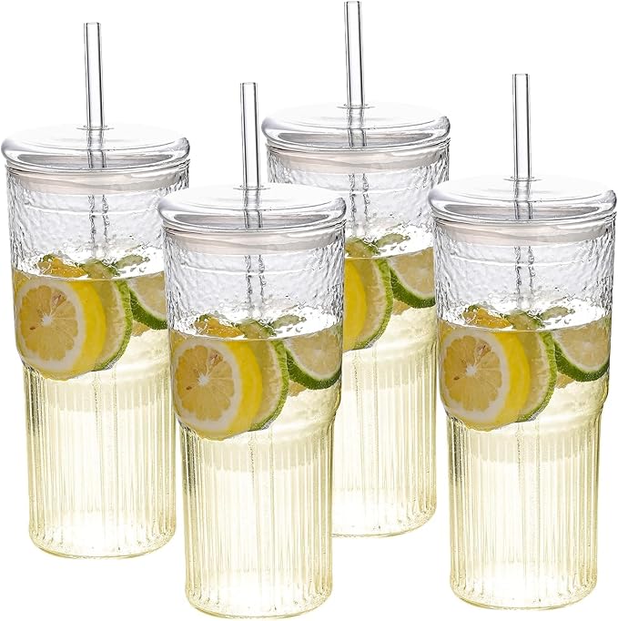 20oz Glass Cups With Glass Lids and Straws, High Borosilicate Iced Coffee Cups, Reusable Glass Tumblers for Coffee, Tea, Juice, Smoothies, Hot/Cold Drinks at Home, Office - 4 Packs