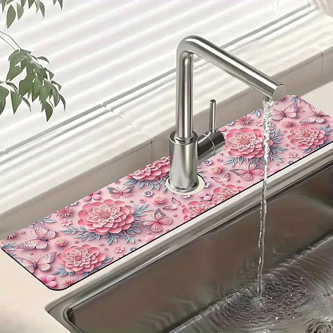 Pink Floral Sink Splash Guard Faucet Mat Flower Butterfly Super Absorbent Fast Drying Mat Sink Gadgets-Splash Guard Behind Faucet Drip Catcher for Kitchen Bathroom, 23.5"x5.5"