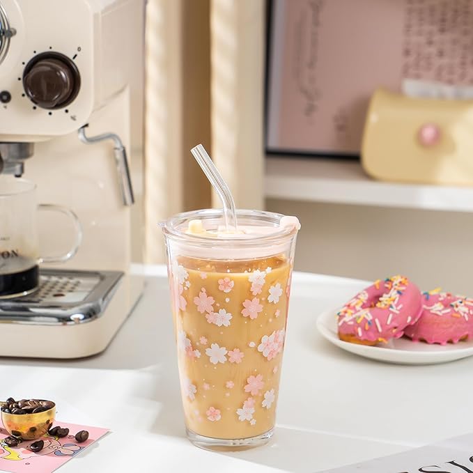 Olvini 15oz Glass Tumbler with Glass Straw and Lid, Cute Iced Coffee Cups, Aesthetic Glass Cups, Coffee Tumbler, Water Cup, Matcha Cup, Drinking Glasses (Cherry blossom)