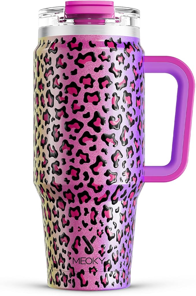 Meoky 32 oz Tumbler with Handle, Insulated Tumbler with Lid and Straw, Stainless Steel Travel Mug, Keeps Cold for 24 Hours, 100% Leak Proof, Fits in Car Cup Holder (Celebration)