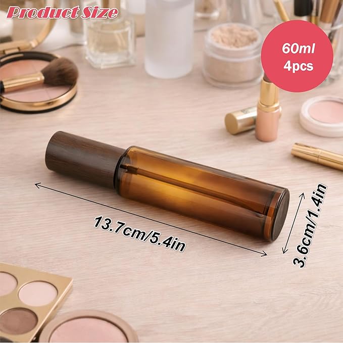4Packs 60ml/2Oz Amber Glass Spray Bottle Refillable Fine Mist Sprayer with Wood Grain Cap Reusable Empty Container for Perfume, Essential Oils, Room Spray
