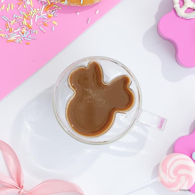 JoyJolt Disney Minnie Mouse 3D Double Wall Glass Mugs with Handles, 13oz Glass Coffee Cups Set of 2, Insulated Clear Glasses for Tea or Latte, Disney Glasses