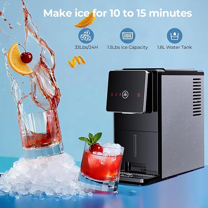 Antarctic Star Countertop Nugget Ice Maker, 33 Lbs/24H Automatic Ice Dispenser, Self-Cleaning Portable Ice Machine, 1.8L Water Tank, Touch Screen & Auto Ice Drop, for Home/Office/Kitchen