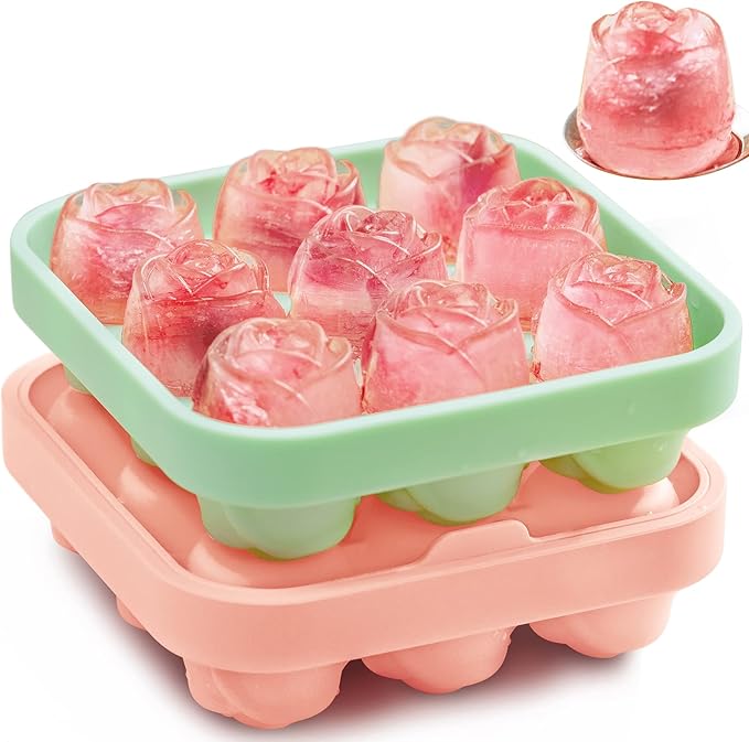 MEETRUE Rose Ice Cube Tray, Rose Shaped Silicone Ice Mold Making 9 x 1.2'' Ice Cubes for the Freezer, Novelty Drink Tray for Chilled Cocktails Juice Drink