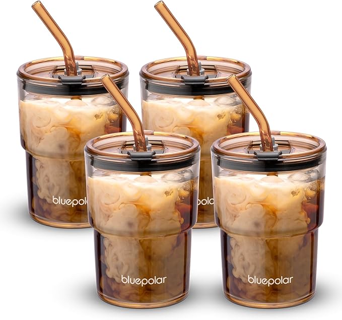 BLUEPOLAR 13oz/400ml Glass Water Tumbler with Straw and Lid Sealed Carry On Thick Wall Iced Coffee Cup Glass Cup for Water, Iced Tea Fruit Juice Etc (Amber-4Pack)
