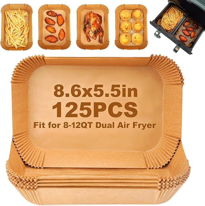 Air Fryer Disposable Paper Liners: 125Pcs Rectangle 8.6x5.5" Parchment Paper Non-stick Food Grade Liners for Dual Basket | Rectangular Air Fryer