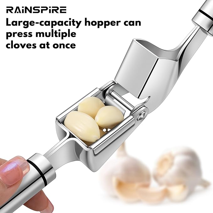 Rainspire Premium Garlic Press Stainless Steel, Garlic Mincer Tool, Garlic Crusher Tool, Garlic Smasher Garlic Masher Includes Silicone Garlic Peeler & Cleaning Brush, Dishwasher Safe (Silver)
