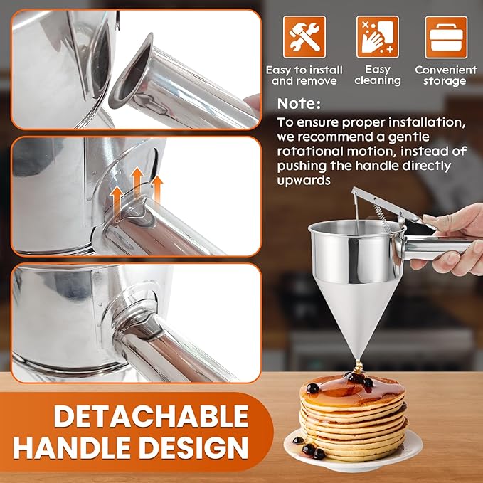 40OZ/1200ML Stainless Steel Pancake Batter Dispenser, Piston Funnel Dispenser with Stand Detachable Handle for Takoyaki Baking Cake Desserts (1200ML/40OZ)