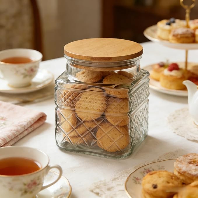 Glass Storage Canister with Airtight Lids, 20.3 FL OZ Thick Glass Candy Jar for Coffee Bean, Cocoa powder,Dog treats, Snacks Vintage Decorative Square Glass Jars for Coffee Bar Kitchen Party Counter