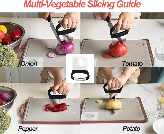 Large Onion Holder for Slicing,Stainless Steel Food Slice Holder,Kitchen Chopper Assistant Tool for Vegetable Slicers,Fruit Cutters,Meat Tenderizers,Home Kitchen Tool with Protective Cover (Black)