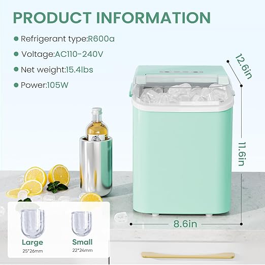 Ice Makers Countertop, Portable Ice Machine with Handle, 6 Mins 9 Bullet Ice Cubes with Basket and Scoop, 26lbs in 24Hrs, Auto-Cleaning, for Home, Kitchen, RV, Camping, Green