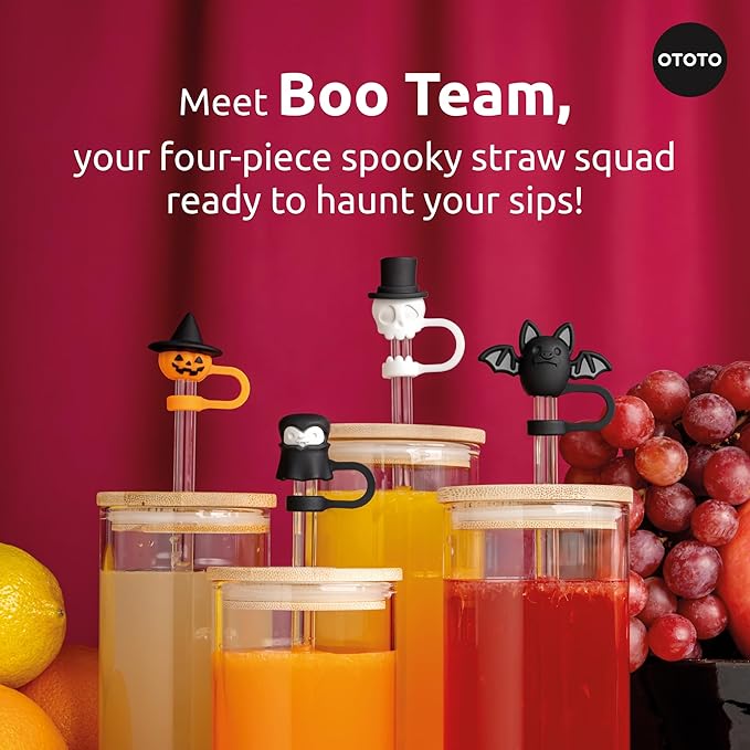 OTOTO Boo Team Straw Toppers Set of 4 - Straw Covers Cap for Tumblers, Covers, Caps for Tumbler Accessories, Cute Water Bottle Accessories, Goth Halloween Spooky Witchy Gifts, Witch