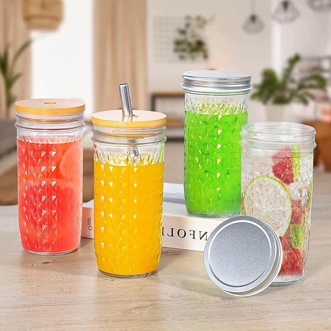 2 Pcs Glass Cups Set - 24oz Mason Jar Drinking Glasses with Bamboo Lids & Straws & 2 Airtight Lids, Cute Reusable Smoothie cup, Iced Coffee Glasses, Travel Tumbler for Bubble Tea, Juice