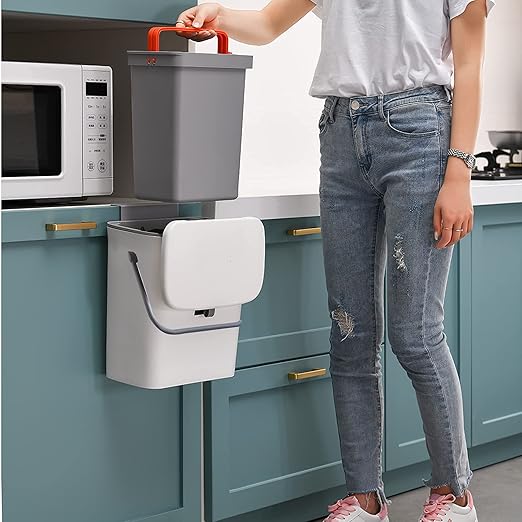 2 in 1 Kitchen Trash Can & Slide Lid, Under Sink Garbage Can, 2.4 Gal Waste Bins & Inner Barrel,Portable Hang Trash Bin, with Sticky Hook & Scraper
