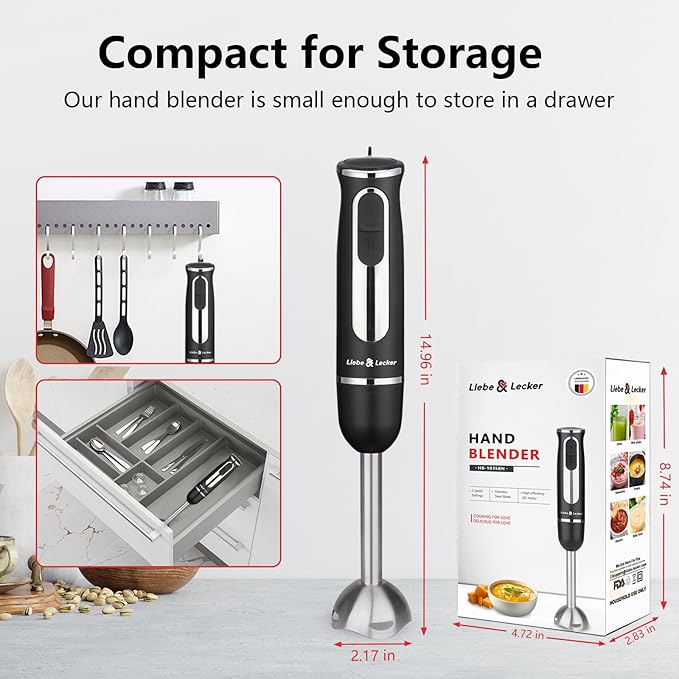Liebe&Lecker Immersion Blender Handheld, 300W Hand Blender with 2 Mixing Speed and Stainless Steel Blades, Emulsion Blender Handheld for Kitchen, Shakes, Puree or Baby Food