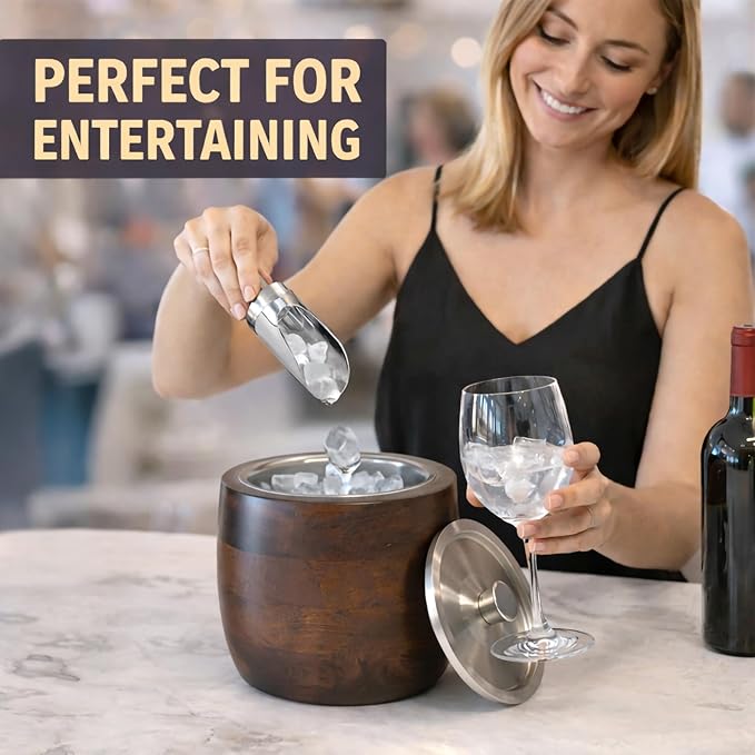 Iceberg 2.3 Quart Ice Bucket with Lid & Scoop – Mango Wood Ice Bucket with Stainless Steel Liner, Airtight Sealed Lid, Premium Barware for Cocktails & Entertaining