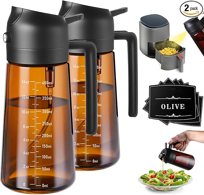 OURCABECUE Upgraded Made Oil Sprayer for Cooking 2 Set, Dark Brown 2 in 1 Spray and Pour Olive Oil Dispenser 16oz 470ml Glass Oil Spray Bottle, Mist Olive Oil Dispensing with Scale & 8 labels
