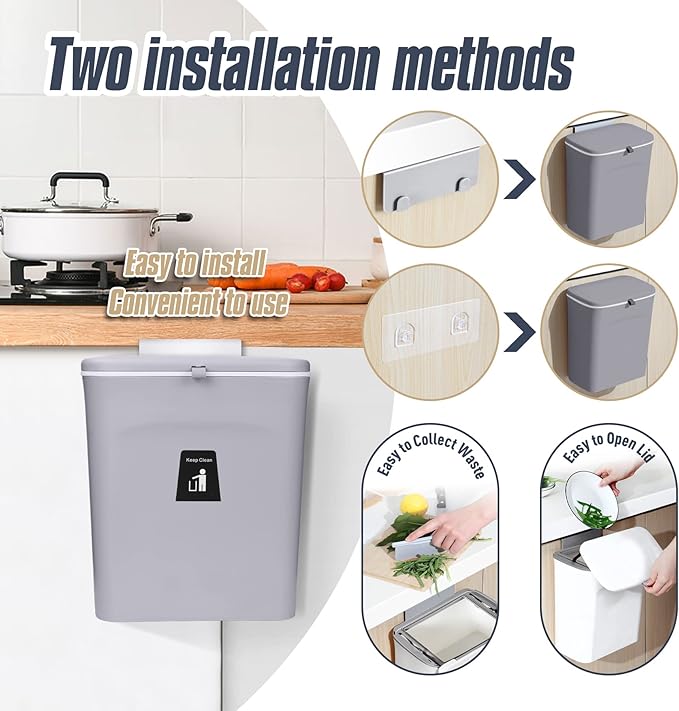 Domiella 2.4 Gallon Hanging Trash Can with Lid, Kitchen Compost Bin for Countertop or Under Sink, Mountable Food Waste Bin with Sealed Lid for Cabinet, Cupboard, Bathroom, or RV (Gray)