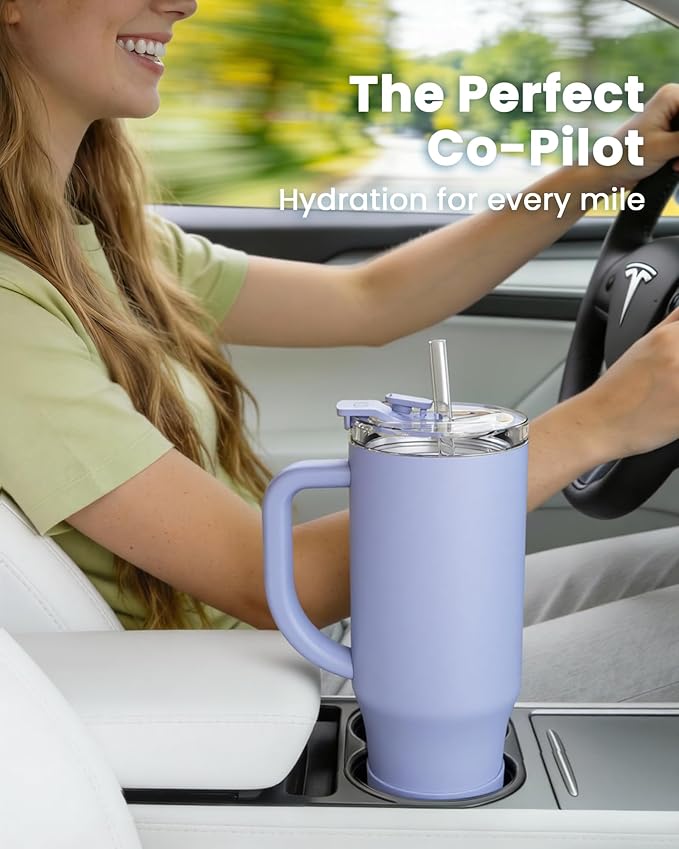 Renoj Insulated Mug 100% Leak Proof Insulated Water Bottle for Iced Coffee & Hot Drinks - Fits Car Cup Holder, Ideal Gift, 2 Straws & Silicone Boot - SnapShift Blue 32 oz