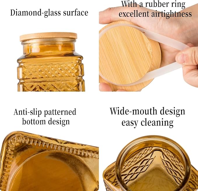 Glass Storage Canister with Airtight Lids, 20.3 FL OZ Thick Glass Candy Jar for Coffee Bean, Cocoa powder,Dog treats, Snacks Vintage Decorative Square Glass Jars for Coffee Bar Kitchen Party Counter