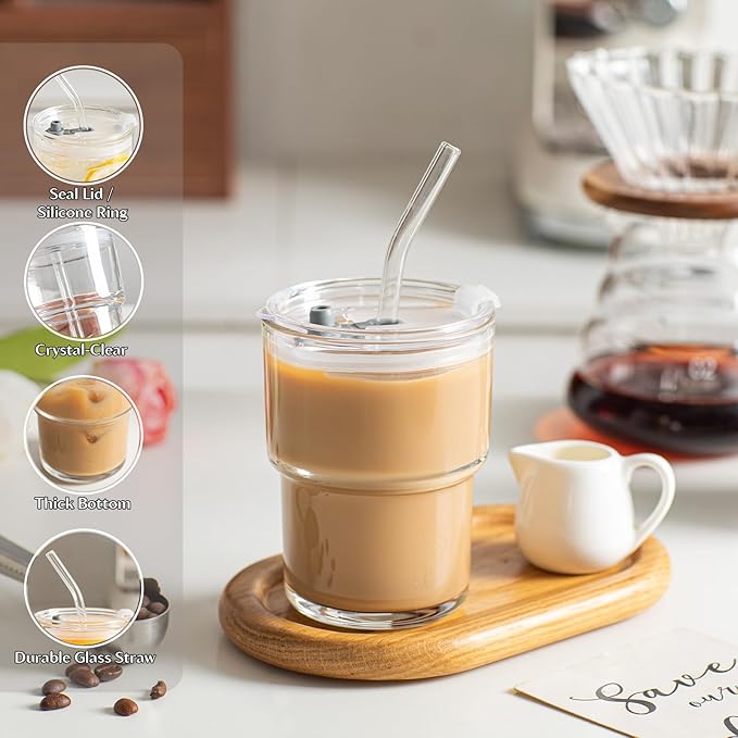 INSETLAN 13oz Portable Glass Tumblers Set of 4, Thick Wall Glass Cups with Lid and Glass Straw, On-the-Go Coffee Cups for Iced Coffee, Tea, Milk, Hot & Cold Drinks, Travel & Daily Use