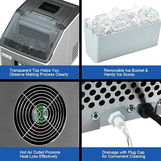 COSTWAY Ice Maker Countertop, 48LBS/24H Automatic Ice Stainless Steel Machine with Self-Cleaning Function, Easy-to-Control LCD Display, Timer Function, See-Through Window with Ice Scoop and Basket