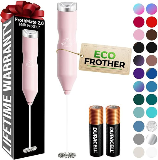 Zulay Kitchen Powerful Frother Wand AA Batteries Included, Ultra Fast Handheld Drink Mixer, Comfort Milk Frother, Stainless Steel Whisker, Frother Handheld for Coffee, Protein & Matcha - Frothmate 2.0