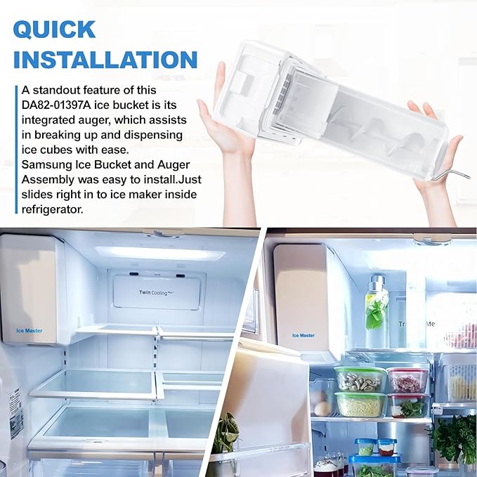 Upgraded RF24FSEDBSR RF23HSESBSR Ice Maker DA82-01397A Ice Bucket Compatible with Samsung Ice Maker Replacement DA97-13717A Refrigerator Ice Tray Ice Container Ice Bin PS11717778 Samsung Ice Bucket
