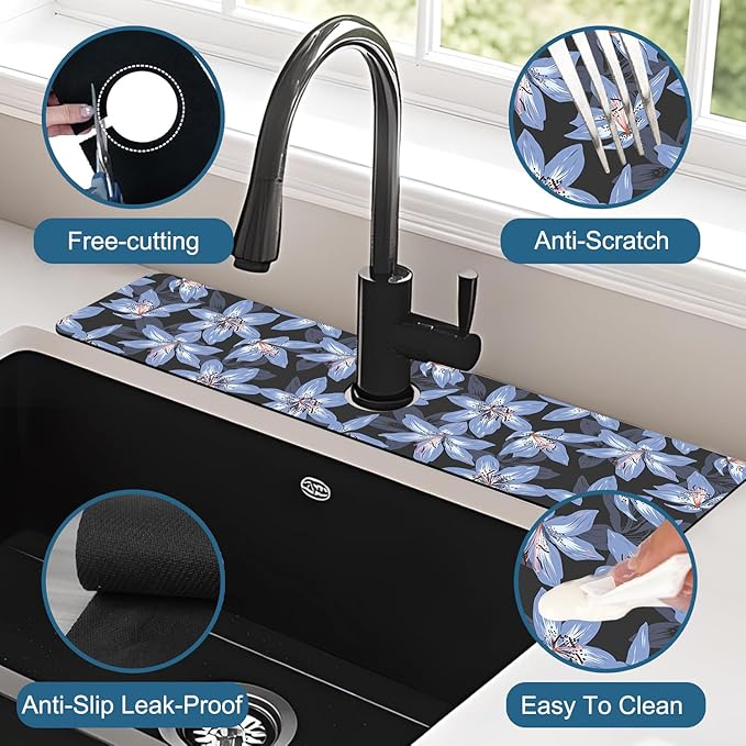 Blooming Lily Sink Splash Guard Faucet Mat Blue Lily Flowers Super Absorbent Fast Drying Mat Sink Gadgets-Splash Guard Behind Faucet Drip Catcher for Kitchen Bathroom, 23.5"x5.5"