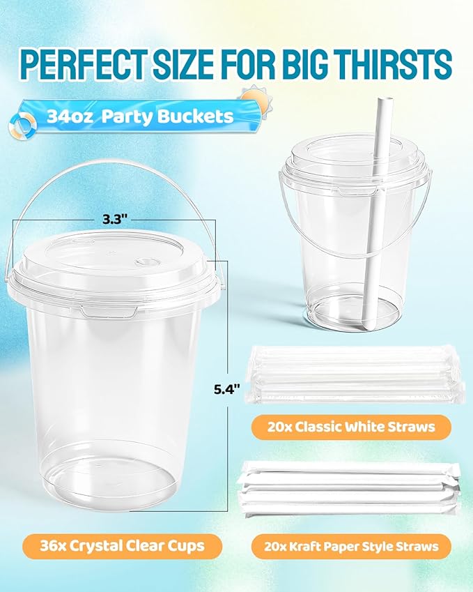 CHONNFEASTT®36PCS Plastic Drink Buckets with Lids and Straws: 1L/34oz Clear Disposable To Go Iced Coffee Cups Rounded Bottom with Handle for Cocktails, Lemonade, Beach & Pool Party Drink Supplies