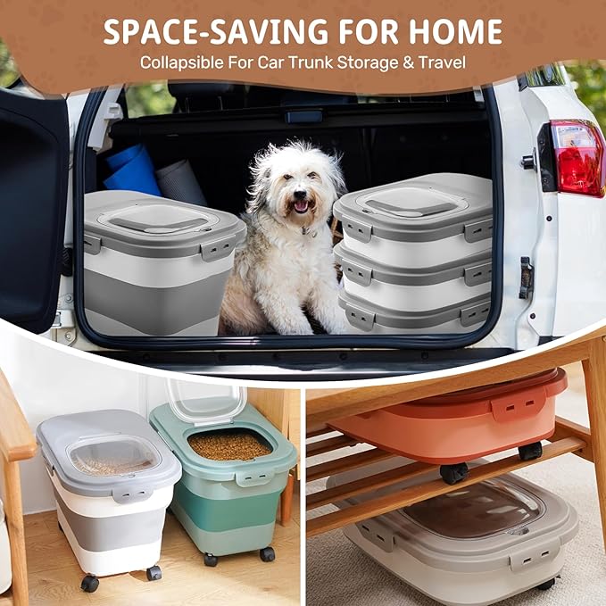 SEWIU Dog Food Storage Container Up to 2pack*20LB,Collapsible Dog Food Container with Travel Silicone Bowl and Scoop for Dog/Cat/Bird Food/Cat litter,Keep Dry Food Fresh,Easy to Move.