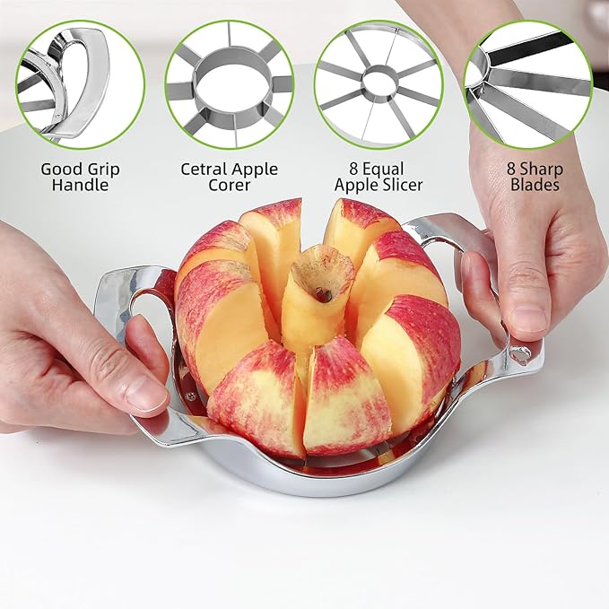 Large 8 Slices Apple Slicer and Corer Sharp Heavy Duty Stainless Steel Apple Cutter Easy to Use Apple Corer Tool for Oranges and Pears, Silver, OB-1026B