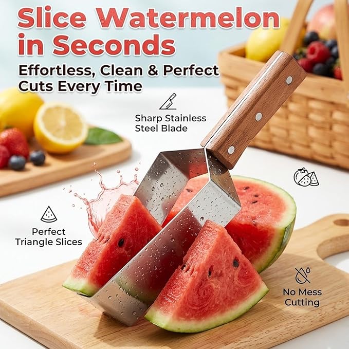 Triangle Watermelon Cutter Large Stainless Steel Melon Slicer Tool Ergonomic Wooden Handle Multifunction Function Summer Divider Wheel Handheld Cutting Fruit Kitchen Gadget Camping Picnic(3pcs)