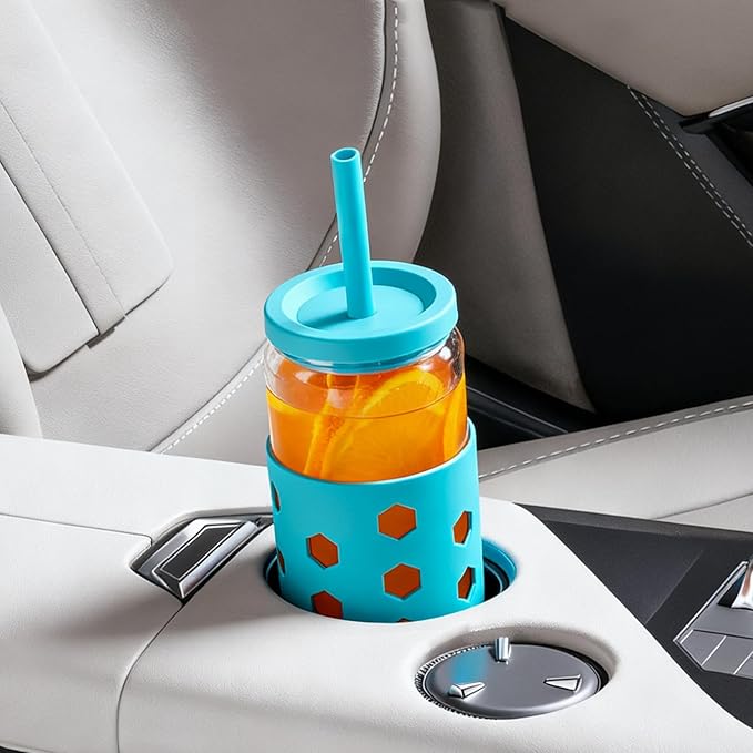 Mrsdry 16 oz Glass Cups With Lids and Straws, 4-Pack Iced Coffee Cup - Smoothie Cup With Silicone Lid and Sleeve for Coffee Bar Accessory, Cute Drinking Glasses Set Reusable Glass Tumbler for Gifts