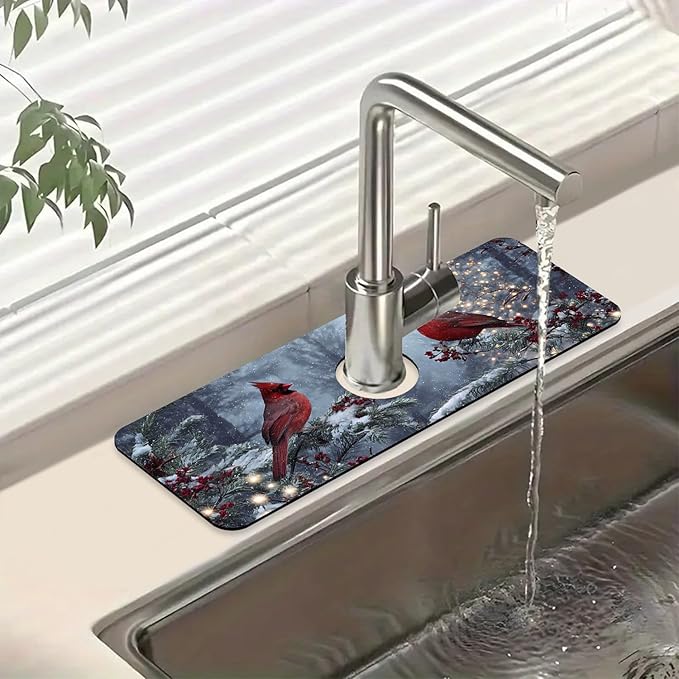 Winter Sink Splash Guard Faucet Mat Cardinal Christmas Super Absorbent Fast Drying Mat Sink Gadgets-Splash Guard Behind Faucet Drip Catcher for Kitchen Bathroom, 15.5"x5.5"