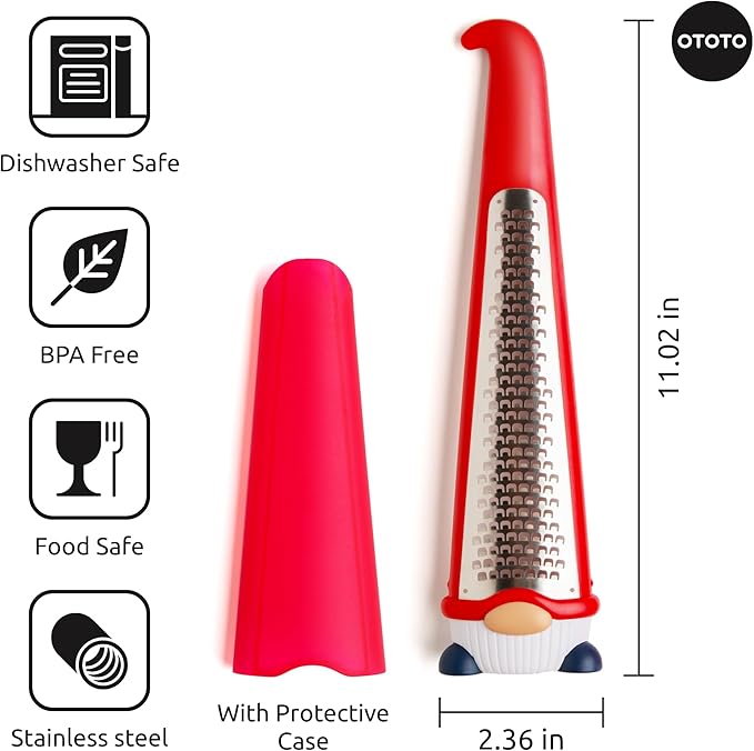 OTOTO Grater - Stainless Steel, BPA Free, Dishwasher Safe, Fun Kitchen Gadget, Vegetable Shredder, Cute Kitchen Gifts & Accessories (Pepito Gnome Grater, Red)
