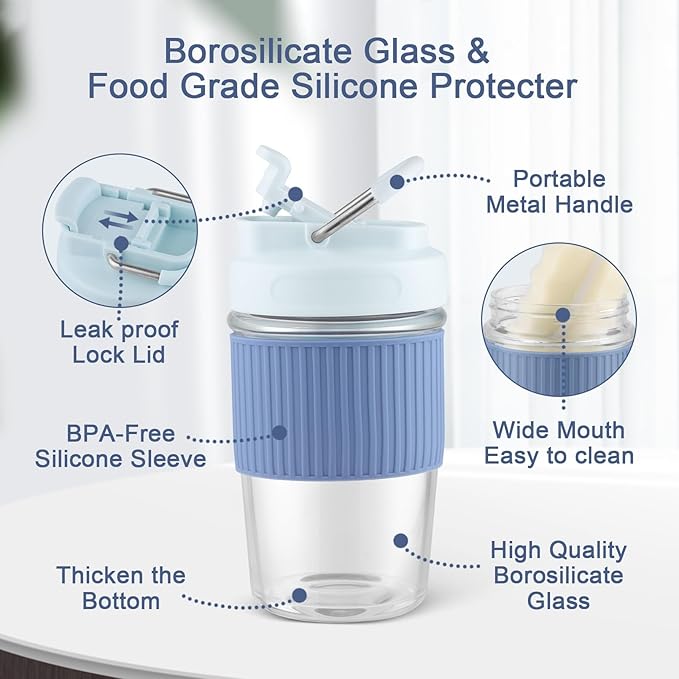 Sivaphe Reusable Glass Ice Hot Coffee Cup 12 oz, Portable Travel Mug with Spill-Proof Lid and Thermal Sleeve for Home Office Blue