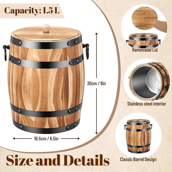 Honeydak Ice Bucket Wooden Barrel with Lid 1.5l Stainless Steel Interior Food Container with Handles for Cocktail Bar Parties Chilling Wine Champagne Home Bar Vintage Rustic Kitchen Decoration