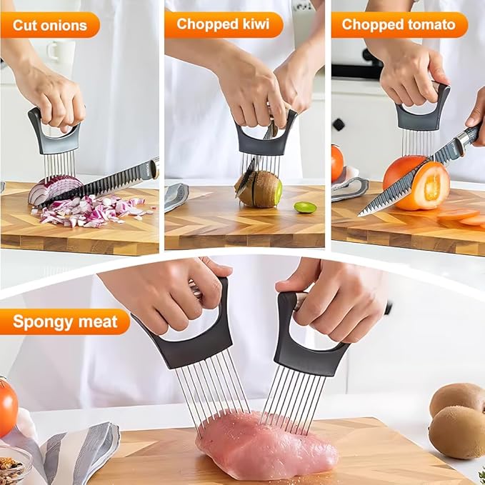 Onion Holder for Slicing, 2026 New Stainless Steel Onion Slicer Vegetable Chopper,Cutter for Meat, Onion, Potato, Tomato,Fruit,Food Slicer Assistant Tool,kitchen gadgets (Black 1PC)